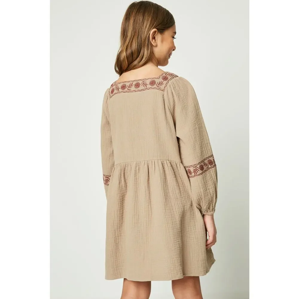 HAYDEN Taffy Khaki Woven Midi Dress Featuring Red Embroidery Large